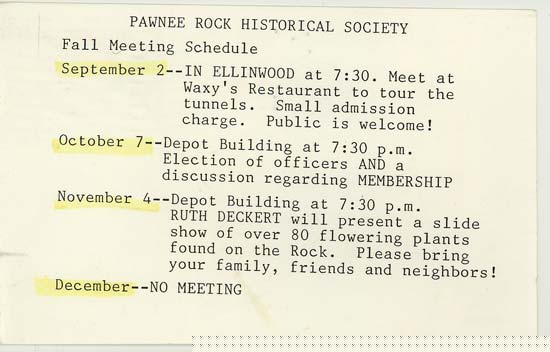 Members of the Pawnee Rock Historical Society got their newsletter by postcard in 1982. Photo copyright 2009 by Leon Unruh.