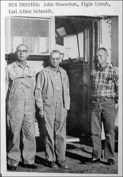 Pawnee Rock bus drivers John Howerton, Elgie Unruh, and Earl Allen Schmidt in 1971 or 1972.