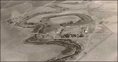 Fort Larned along the Pawnee River, seen from a Flying Farmers plane about 1975. Photo copyright Leon Unruh.