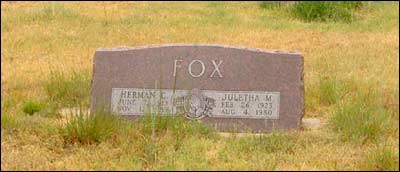 Grave marker of Herman and Juletha Fox in the Pawnee Rock cemetery. Photo copyright 2006 by Leon Unruh.
