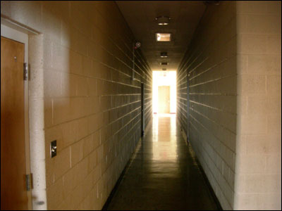 Pawnee Rock school hallway with shop door at the end. Photo copyright 2009 by Leon Unruh.