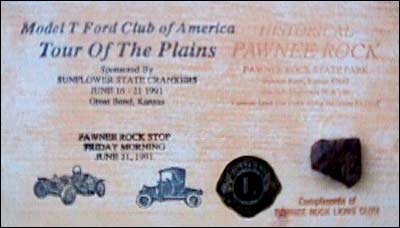 Postcard made by Elgie Unruh for the Pawnee Rock Lions Club to commemmorate the Model T Ford Club of America's Tour of the Plains, 1991.