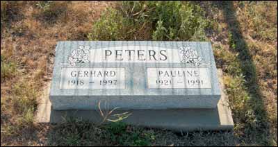 Grave marker for the Rev. Gerhard and Pauline Peters, Bergthal Memorial Cemetery, Pawnee Rock, Kansas. Photo copyright 2007 by Leon Unruh.
