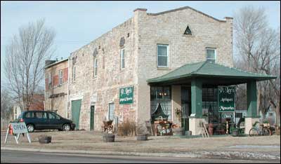 Pawnee Rock's opera house, then gas station, restaurant, and now antique store. Photo copyright 2005 by Leon Unruh.