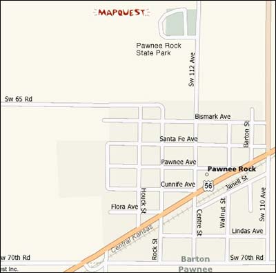 Mapquest map of Pawnee Rock, Kansas. Copyright 2007 by Mapquest and Navquest.
