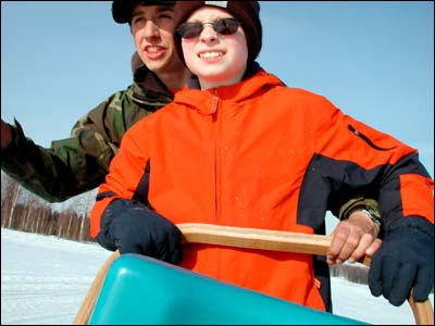 Jeff Deeter and Sam Unruh on Jeff's sled. Willow Lake, April 19, 2008. Photo copyright 2008 by Leon Unruh.