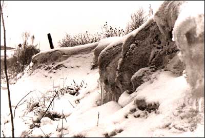 Snow in a ditch south of Pawnee Rock, near the Arkansas River. Photo copyright 2008 by Leon Unruh.