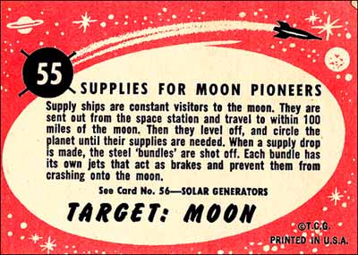 Back of space card, Supplies for Moon Pioneers.