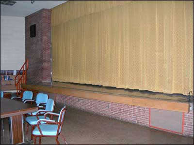 The auditorium stage in the Pawnee Rock school lunchroom. Photo copyright 2006 by Leon Unruh.