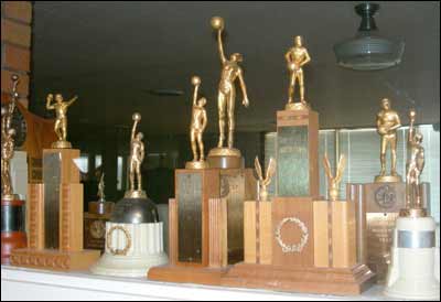 Trophies at Pawnee Rock High School. Photo copyright 2006 by Leon Unruh.