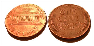 Wheat cent; reverse of 1958 D coin. Photo copyright 2008 by Leon Unruh.