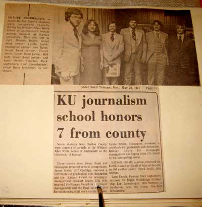 The photo now in a scrapbook at the Barton County Historical Museum originally appeared in the Great Bend Tribune on May 29, 1977. It shows (from left): Stewart Brann, Lynda Smith, Jim Bates, Chuck Smith, Bill Neff, and Leon Unruh. Lynda was from Hoisington and I was from Pawnee Rock, but the rest were from Great Bend.
