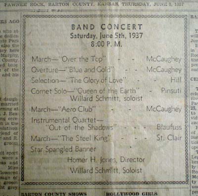 Concert program for the Pawnee Rock city band performance of June 5, 1937. First published in the Pawnee Rock Herald, May 1937. Photo copyright 2009 by Leon Unruh.