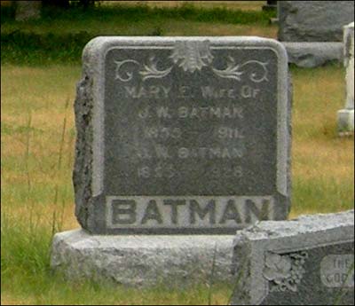 Grave marker of John W. and Mary E. Batman, in the southern center section of the Pawnee Rock Cemetery. Photo copyright 2008 by Leon Unruh.