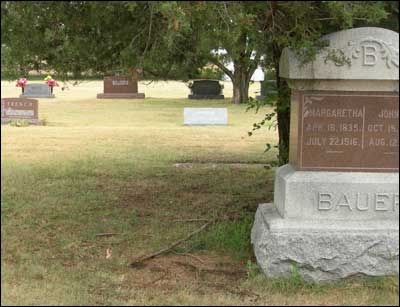 Gravestone of John C. and Margarethe Bauer, Pawnee Rock Cemetery. Photo copyright 2011 by Leon Unruh.