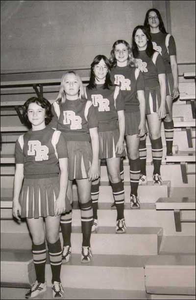 Pawnee Rock Junior High cheerleaders, about 1977 (top to bottom): Tina Bright, Robyn Symank, Mandy (Amanda) Myers, Theresa Unruh, Melinda Jacobs, and Susan Levingston.
