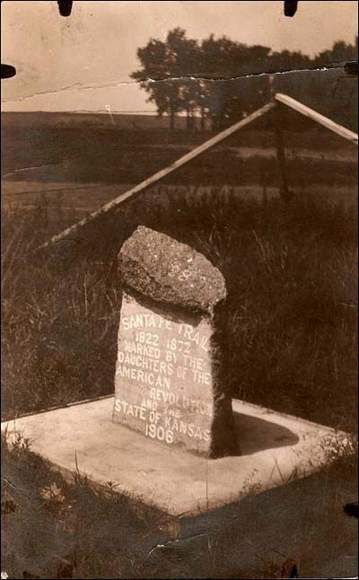 The long-ago photo of the Santa Fe Trail marker placed by the Daughters of the American Revolution. It appears to be in the northwest corner of old Pawnee Rock, at the western end of Bismark Avenue. Larry Mix sent this photo.