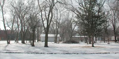 A view of the old tree nursery and the building where the tunnel might have led. Photo copyright 2005 Leon Unruh.