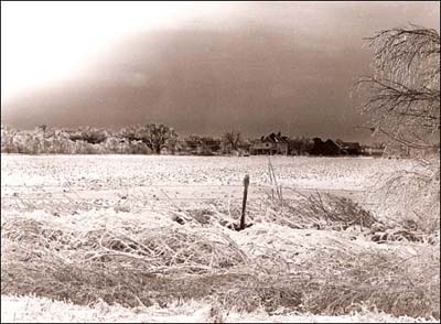 An ice storm in the mid-1970s coated Pawnee Rock with holiday decorations. Photo copyright 1975 by Leon Unruh.