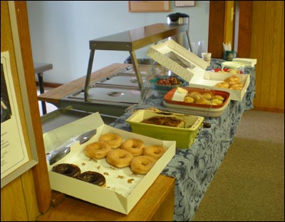 Donuts at the community coffee at the Lions' depot. August 2010. Photo copyright 2011 by Leon Unruh.