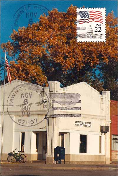 Stamped and postmarked photograph of the Pawnee Rock post office, 1987, by Elgie Unruh. Copyright 1987 by Elgie Unruh.