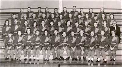 The Pawnee Rock High School band of 1958-59. The front row includes, from left: Butch Morris, Norma Clawson, Joyce Clason, Rita Oetken, blank, Tim Sawatsky, Stanley Ritchie, Steve Schmidt, Bill German, and three unidentified people. Butch sent these IDs.