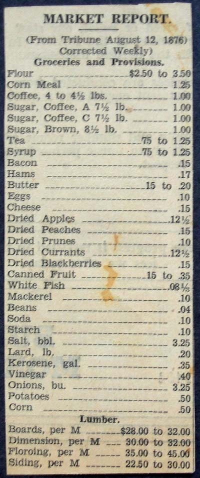 Reprint of 1876 prices in the Great Bend Tribune.