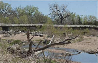 Arkansas River at the Pawnee Rock Bridge, April 28, 2011. Photo copyright 2011 by Jim Dye.