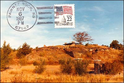 Stamped and postmarked photograph of Pawnee Rock State Park, 1987, by Elgie Unruh. Copyright 1987 by Elgie Unruh.