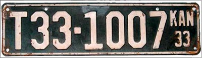 Truck license tag T33 1607, from 1933 and Barton County, Kansas. Photo copyright 2008 by Leon Unruh.