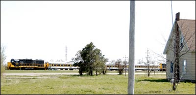 Heart of the Heartlands Museum train goes through Pawnee Rock on May 3, 2008. Photo copyright 2008 by Jim Dye.