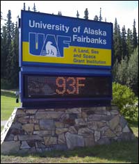 Temperature sign at the University of Alaska Fairbanks, July 8, 2009. Photo copyright 2009 by Leon Unruh.