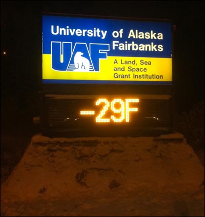 University of Alaska Fairbanks temperature at minus 29 degrees on November 30, 2010. Photo copyright 2010 by Leon Unruh.